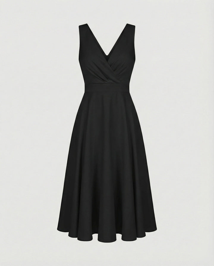 Festliches Kleid Damen Midi mit V-Ausschnitt und Überkreuzoberteil und A-Linien-Rock