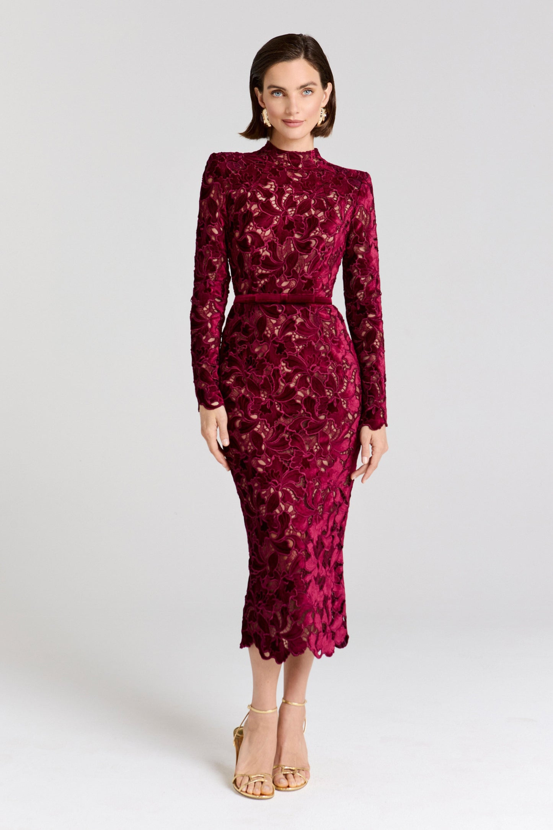 Festliches Kleid Damen Midi Spitzenkleid mit Stehkragen und Langarm und Gürtel