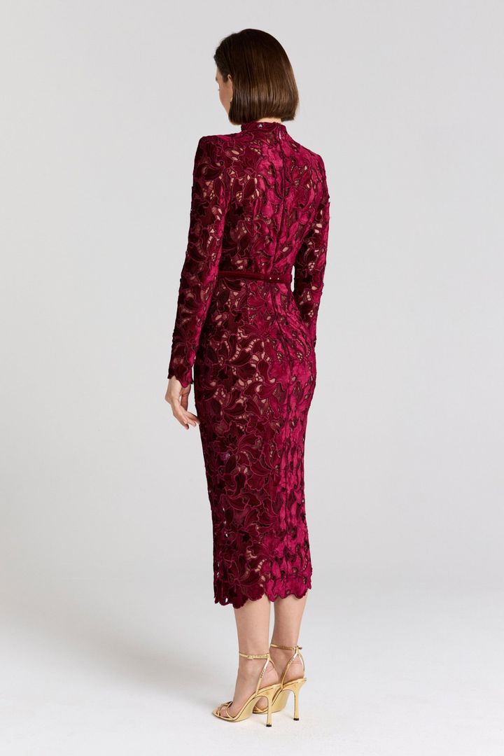 Festliches Kleid Damen Midi Spitzenkleid mit Stehkragen und Langarm und Gürtel