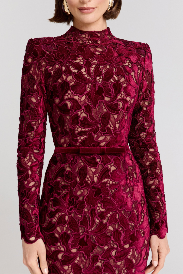 Festliches Kleid Damen Midi Spitzenkleid mit Stehkragen und Langarm und Gürtel