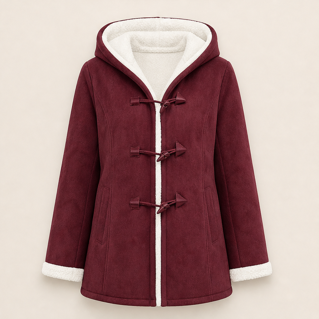 Finja Damen Dufflecoat mit Kapuze und doppelreihigem Knebelverschluss – Bordeaux