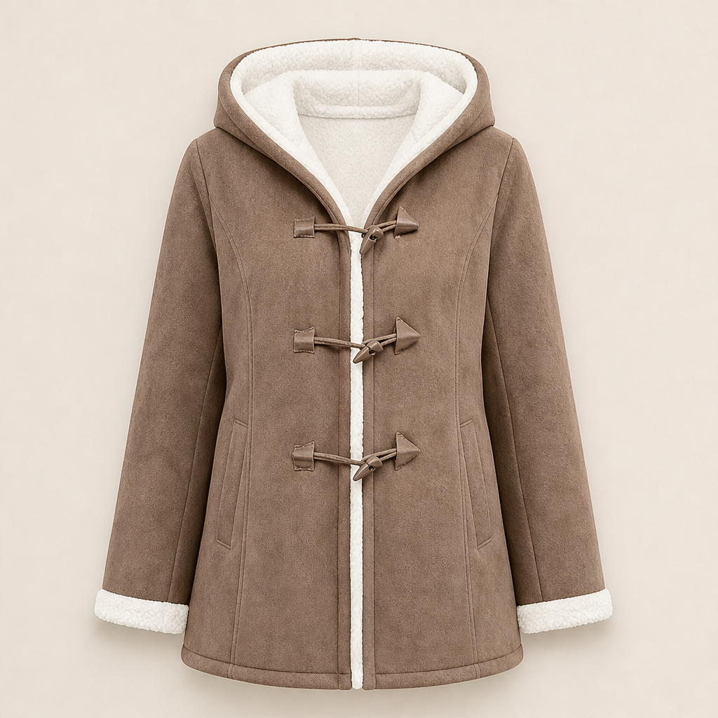 Finja Damen Dufflecoat mit Kapuze und doppelreihigem Knebelverschluss – Braun