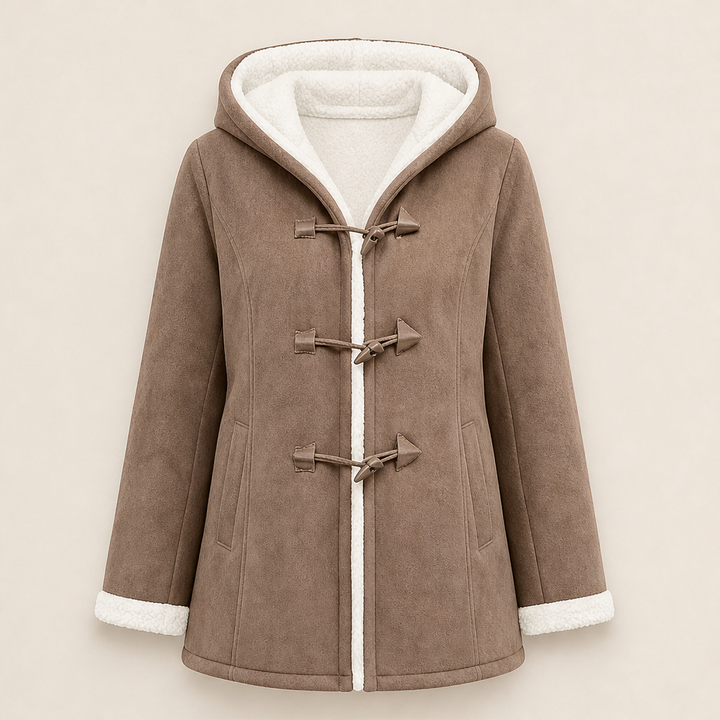 Finja Damen Dufflecoat mit Kapuze und doppelreihigem Knebelverschluss – Braun