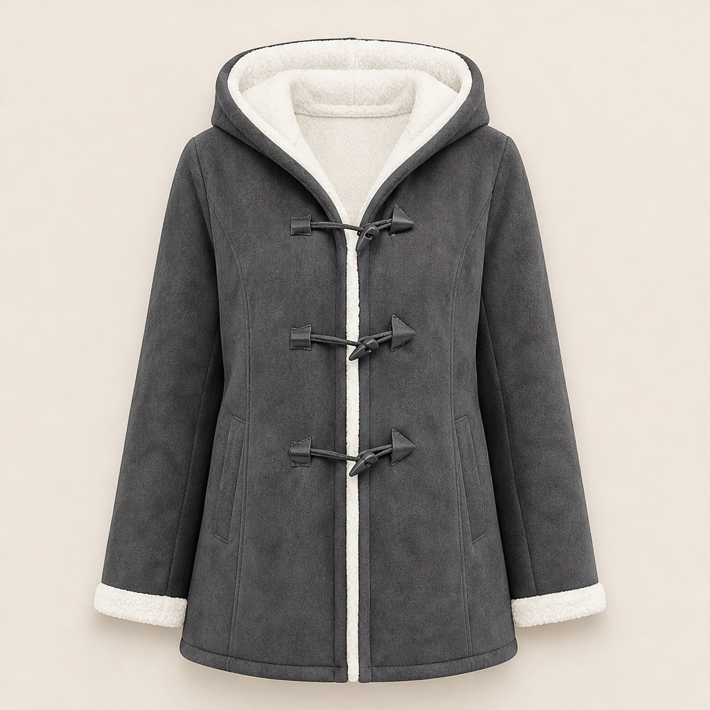 Finja Damen Dufflecoat mit Kapuze und doppelreihigem Knebelverschluss – Grau
