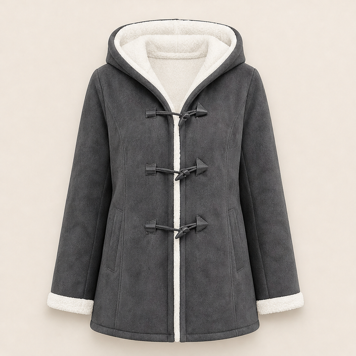 Finja Damen Dufflecoat mit Kapuze und doppelreihigem Knebelverschluss – Grau