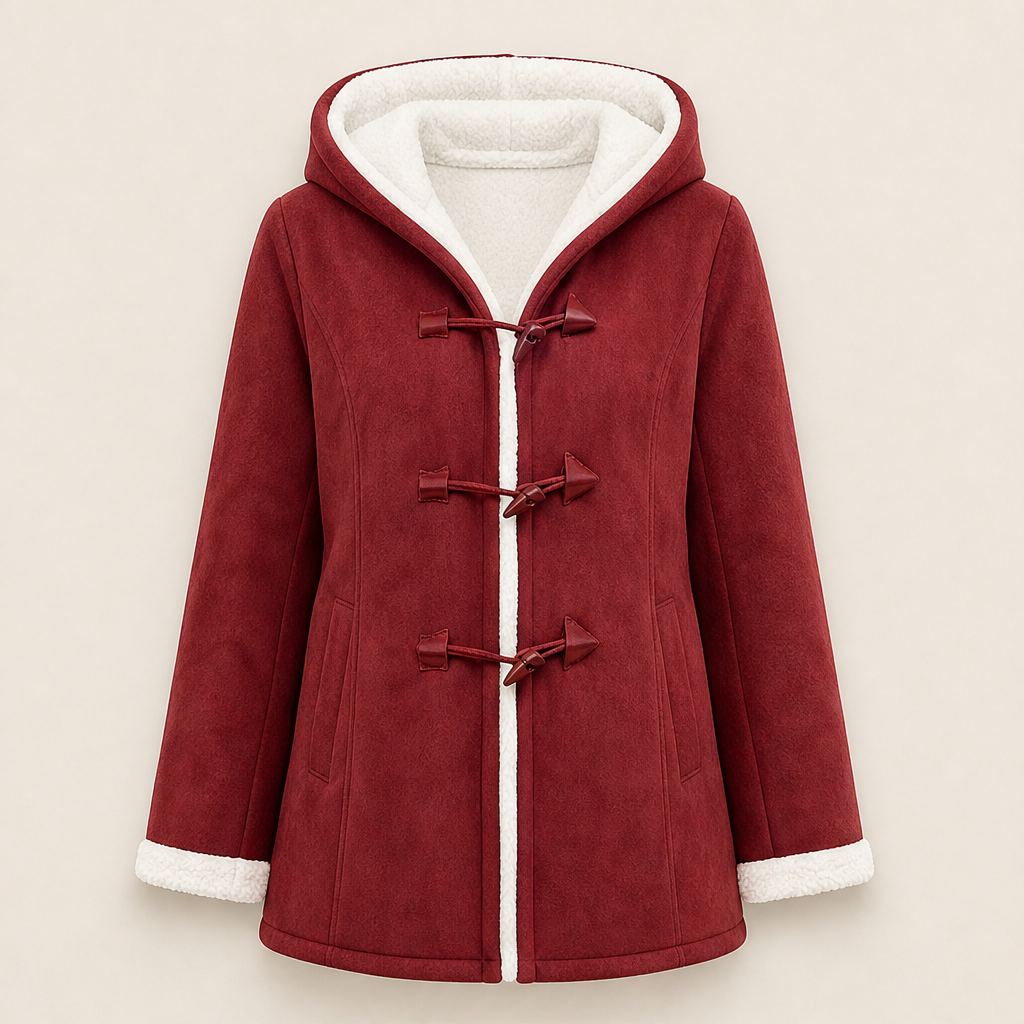 Finja Damen Dufflecoat mit Kapuze und doppelreihigem Knebelverschluss – Rot