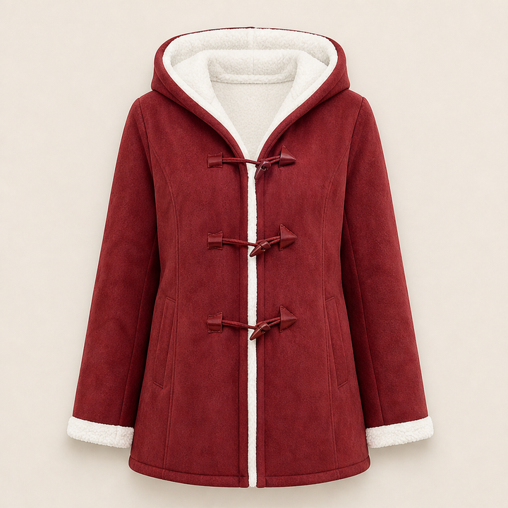Finja Damen Dufflecoat mit Kapuze und doppelreihigem Knebelverschluss – Rot