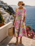 Fiona | Damen Buntes Blumen Midi Sommerkleid in A-Linie