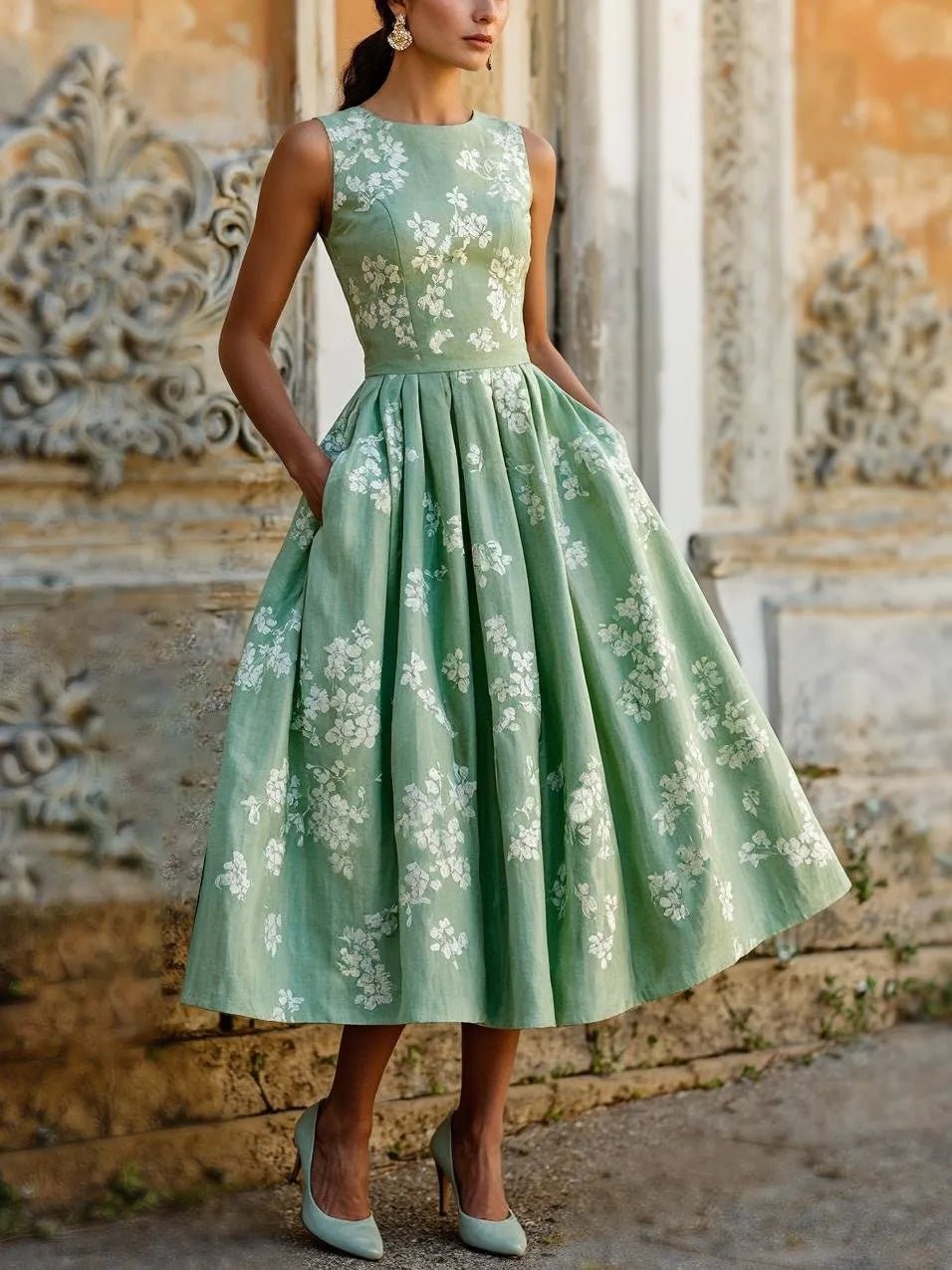 Fleur | Damen Midikleid mit Blumenprint und Plisseerock