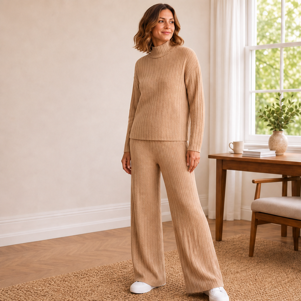 Frauke Damen Zweiteiler aus Rippstrick-Rollkragenpullover und weiter Hose