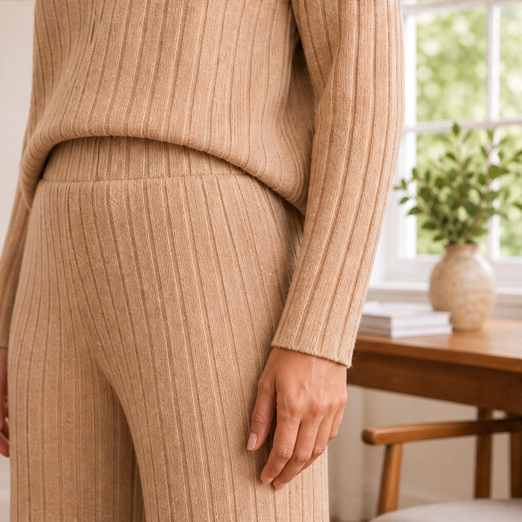 Frauke Damen Zweiteiler aus Rippstrick-Rollkragenpullover und weiter Hose