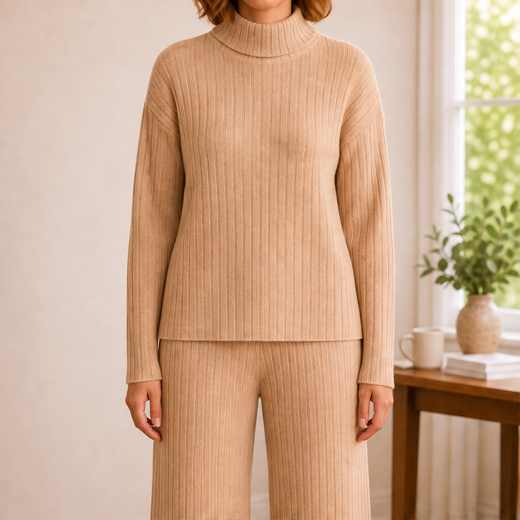 Frauke Damen Zweiteiler aus Rippstrick-Rollkragenpullover und weiter Hose – Camel