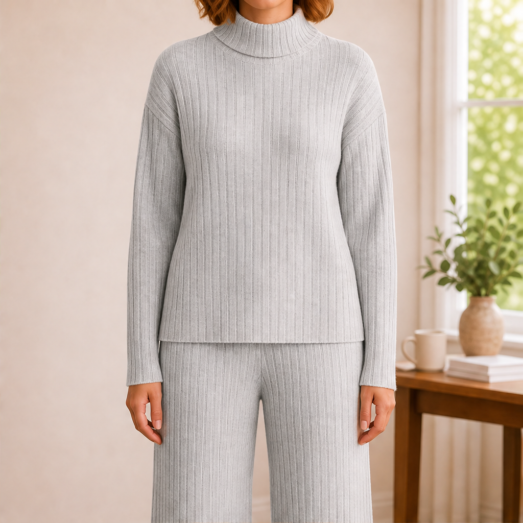 Frauke Damen Zweiteiler aus Rippstrick-Rollkragenpullover und weiter Hose – Grau