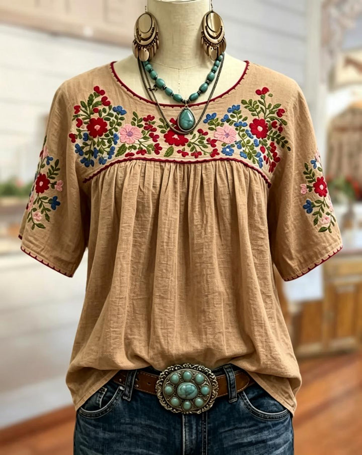 Frieda Damen Bluse mit Blumenstickerei und gerafftem Rundhalsausschnitt – Khaki