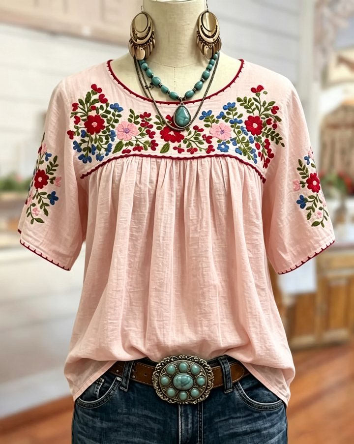 Frieda Damen Bluse mit Blumenstickerei und gerafftem Rundhalsausschnitt – Rosa
