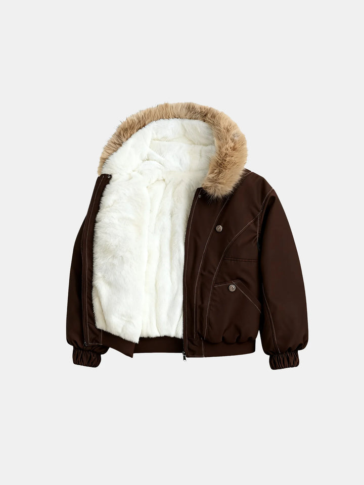 Frieda Damen Bomberjacke mit Plüschfutter und Plüschkragen – Mokka