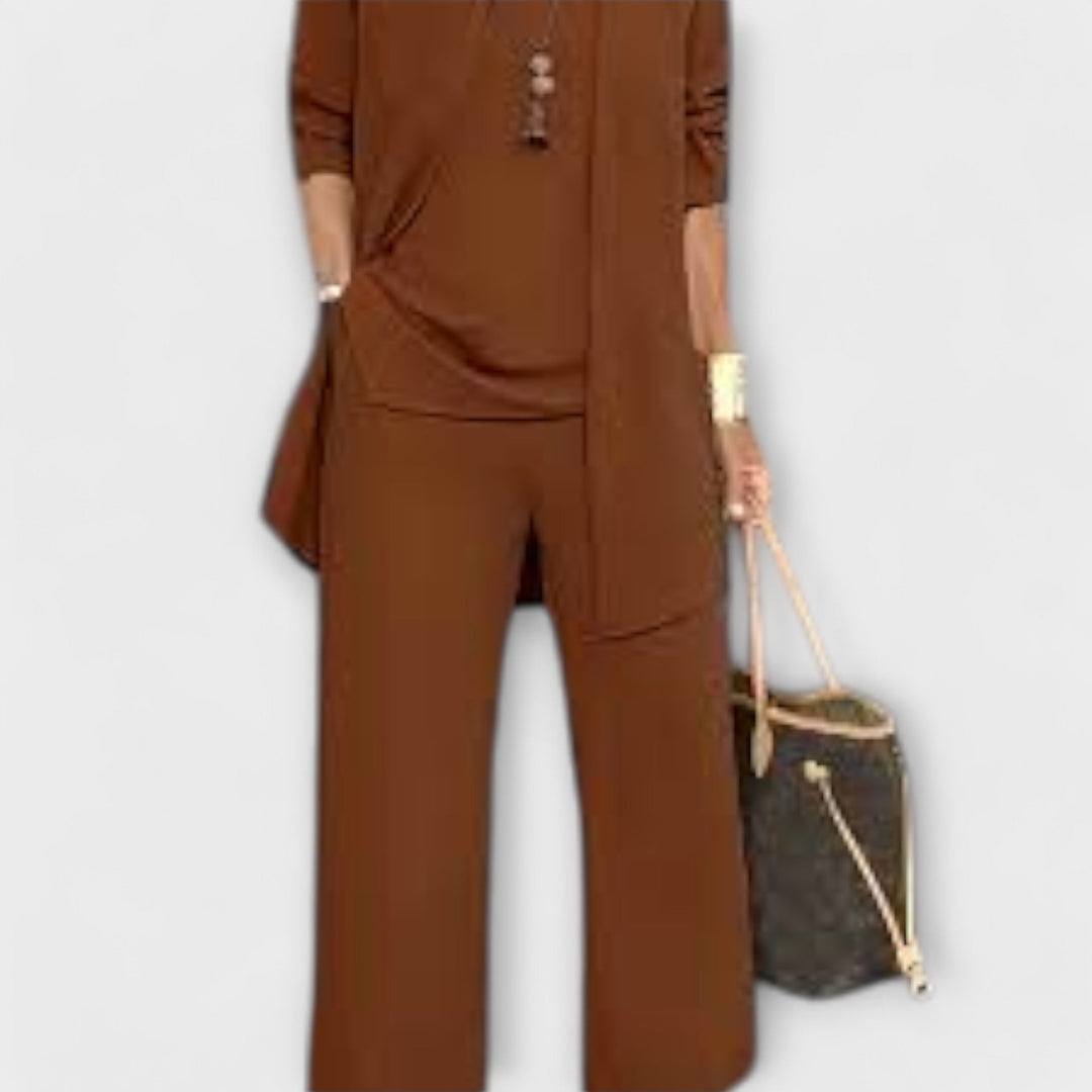 Gerlinde Damen Dreiteiliges Set mit Shirt, Longcardigan und weiter Hose – Dunkelbraun