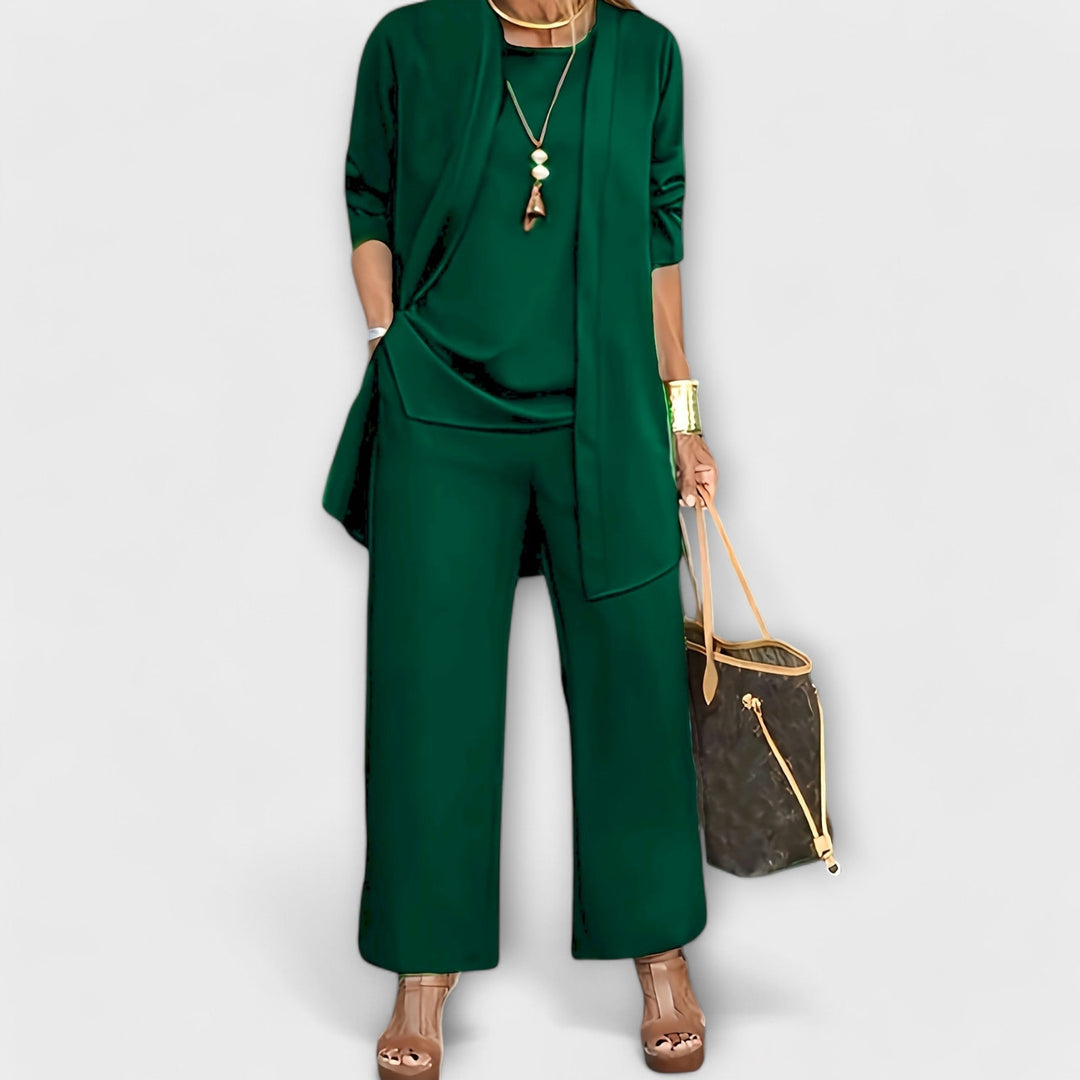 Gerlinde Damen Dreiteiliges Set mit Shirt, Longcardigan und weiter Hose – Dunkelgrün