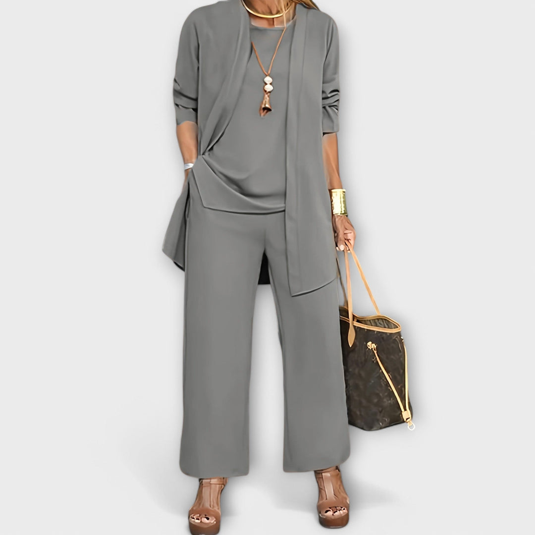 Gerlinde Damen Dreiteiliges Set mit Shirt, Longcardigan und weiter Hose – Grau