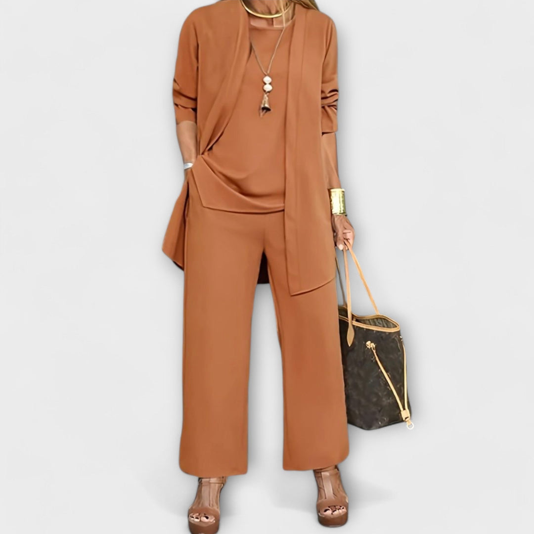 Gerlinde Damen Dreiteiliges Set mit Shirt, Longcardigan und weiter Hose – Hellbraun