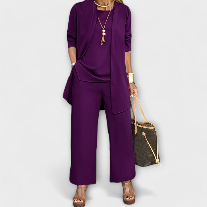 Gerlinde Damen Dreiteiliges Set mit Shirt, Longcardigan und weiter Hose – Lila