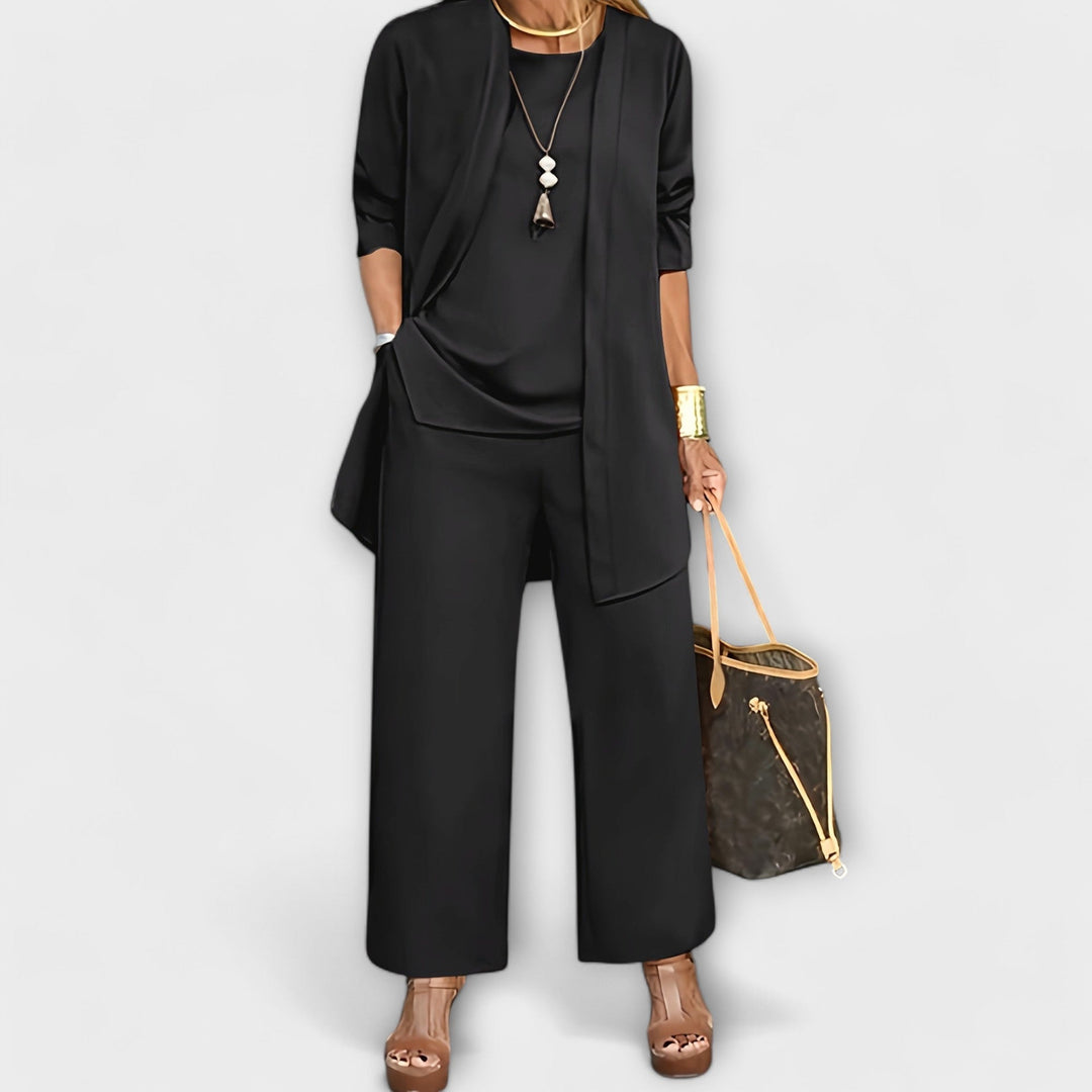 Gerlinde Damen Dreiteiliges Set mit Shirt, Longcardigan und weiter Hose – Schwarz