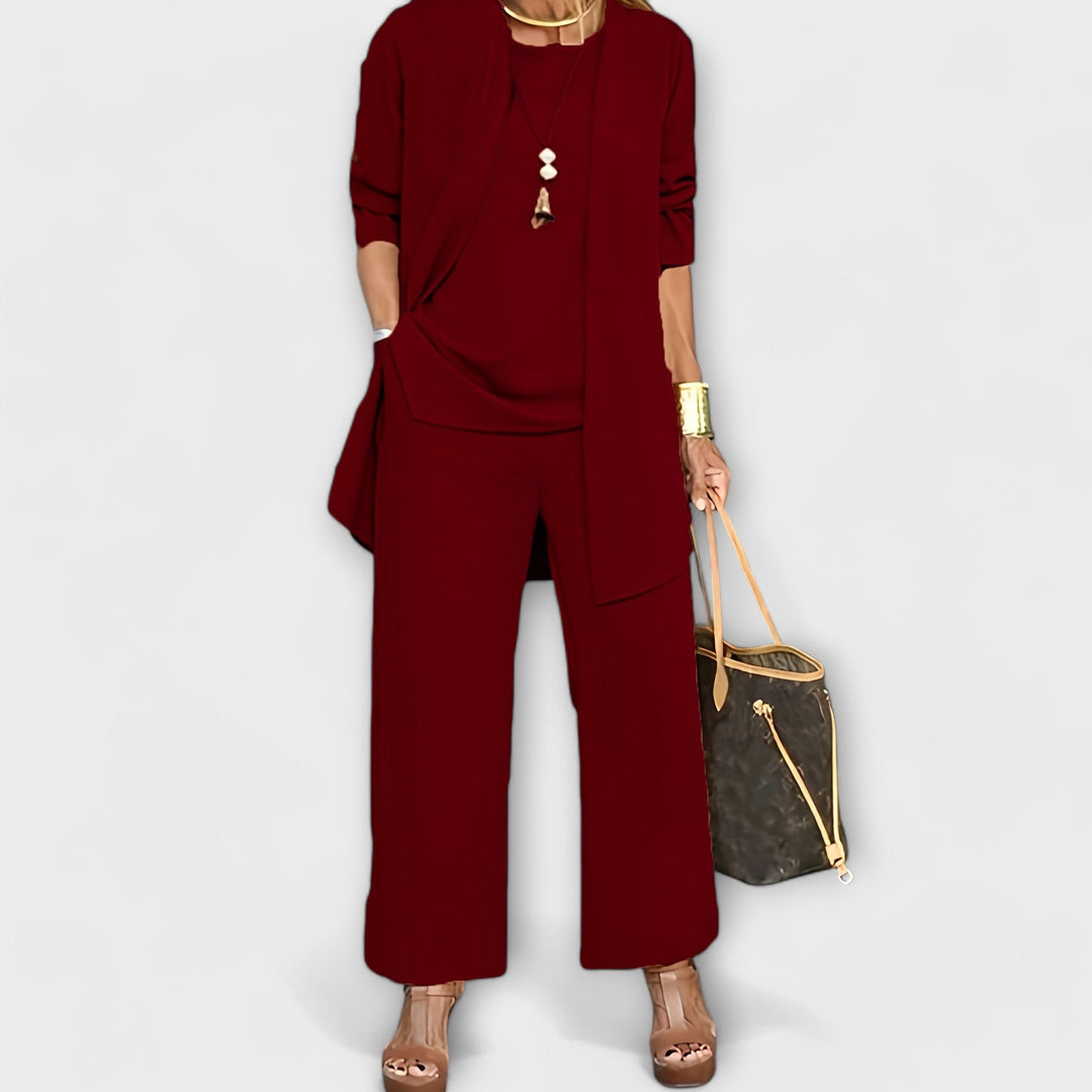 Gerlinde Damen Dreiteiliges Set mit Shirt, Longcardigan und weiter Hose – Weinrot
