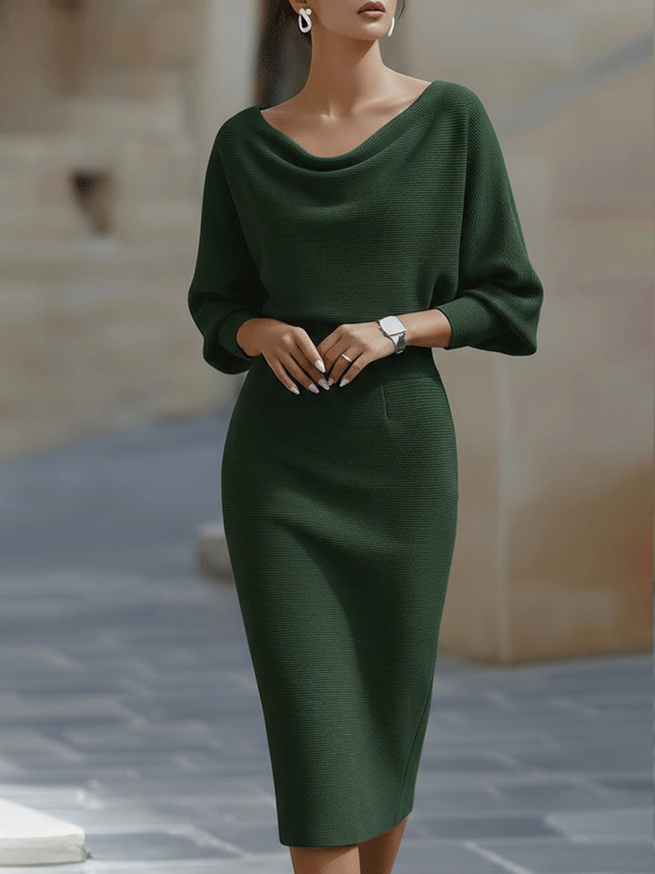 Gisela Damen Midikleid mit Wasserfallausschnitt und Fledermausärmeln – Dunkelgrün