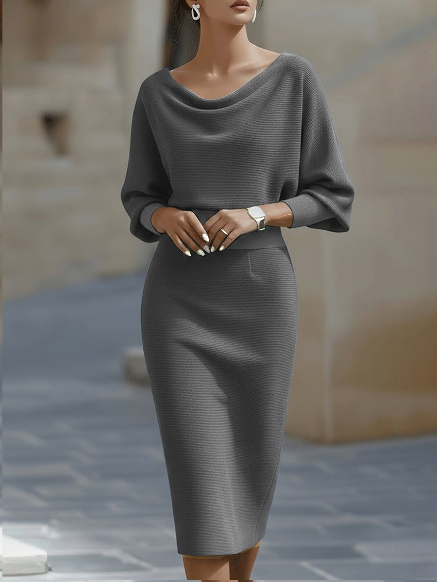 Gisela Damen Midikleid mit Wasserfallausschnitt und Fledermausärmeln – Grau