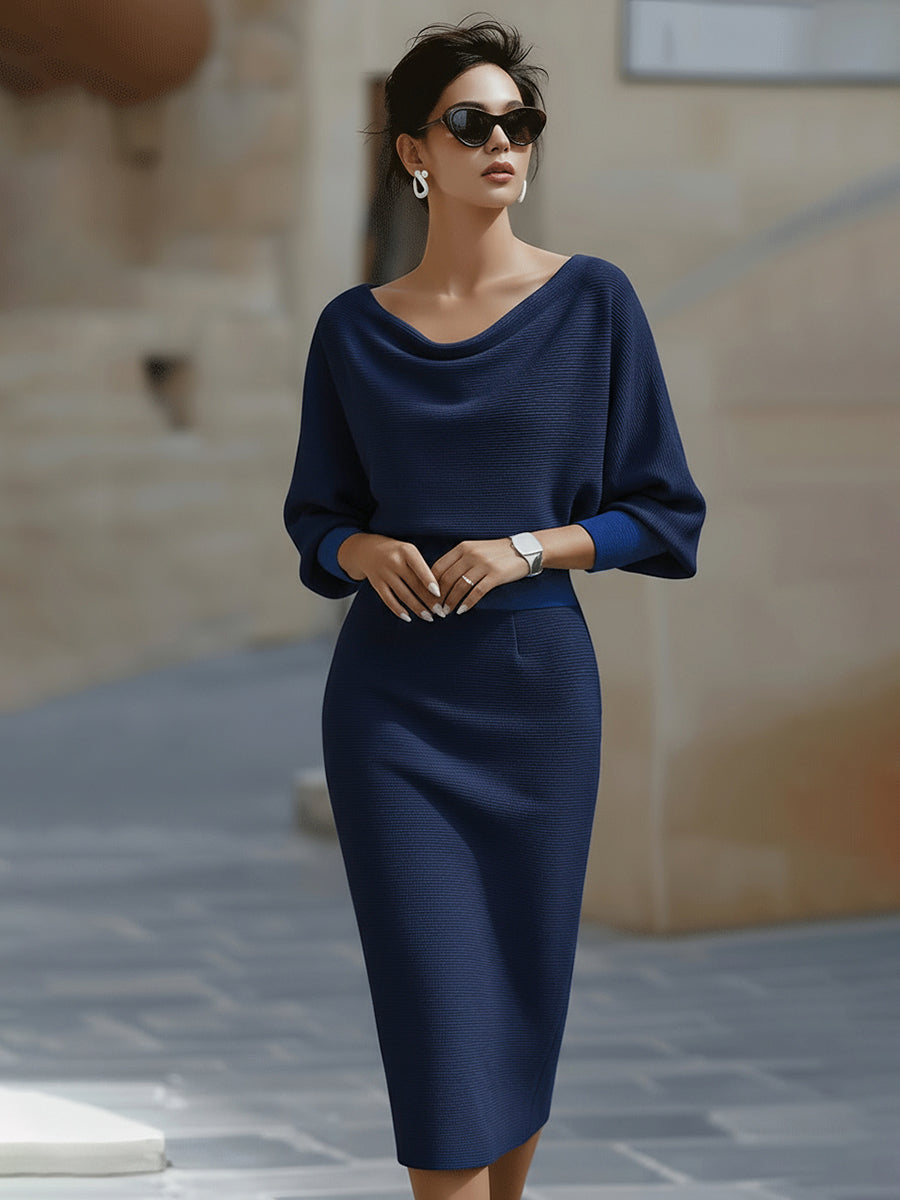 Gisela Damen Midikleid mit Wasserfallausschnitt und Fledermausärmeln – Marineblau