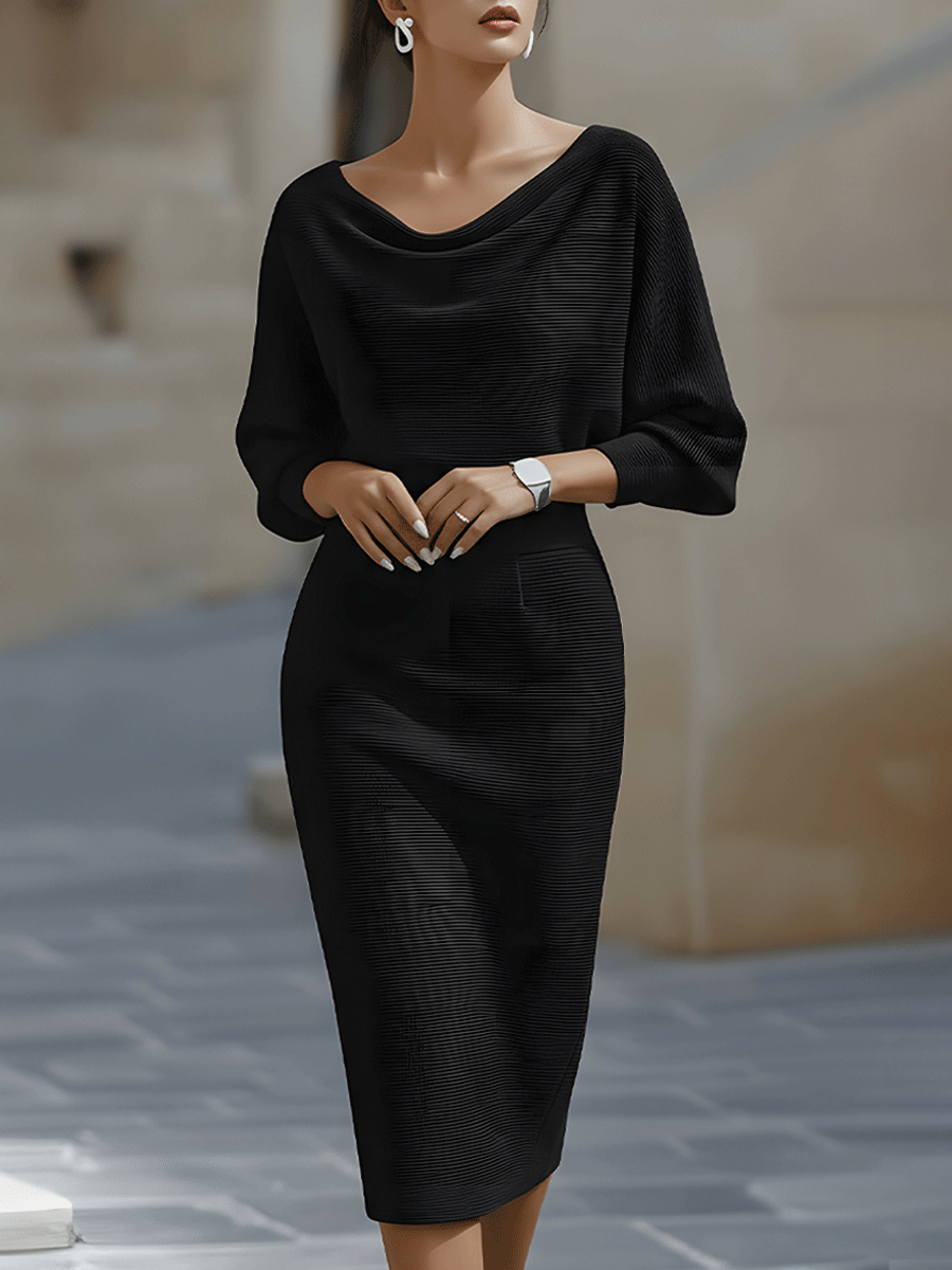 Gisela Damen Midikleid mit Wasserfallausschnitt und Fledermausärmeln – Schwarz