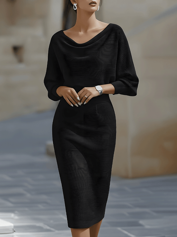 Gisela Damen Midikleid mit Wasserfallausschnitt und Fledermausärmeln – Schwarz