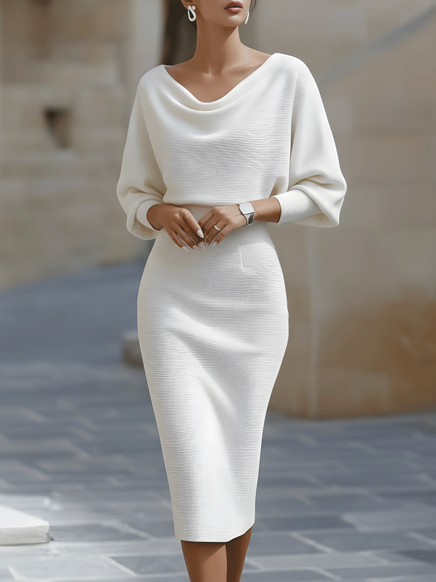 Gisela Damen Midikleid mit Wasserfallausschnitt und Fledermausärmeln – Weiß