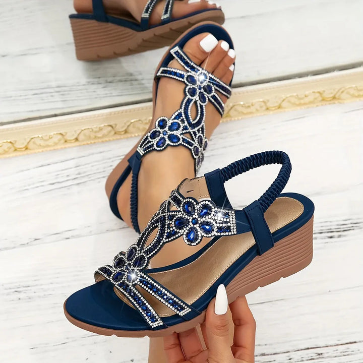 Giselle | Damen Keilsandalen mit Strass und Fersenriemen