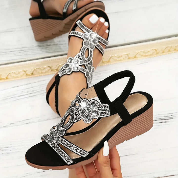 Giselle | Damen Keilsandalen mit Strass und Fersenriemen