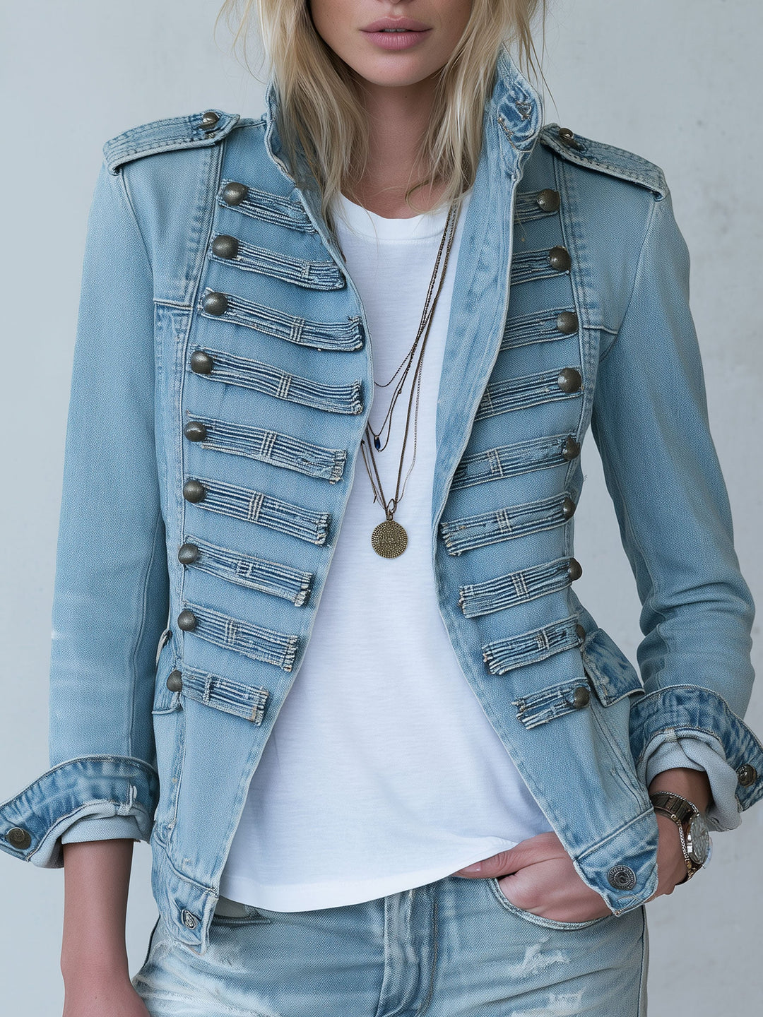 Greta Damen Jeansjacke im Militärstil mit Stehkragen und Zierknöpfen