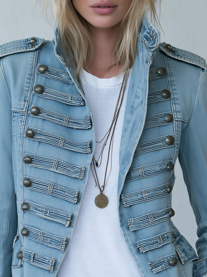 Greta Damen Jeansjacke im Militärstil mit Stehkragen und Zierknöpfen