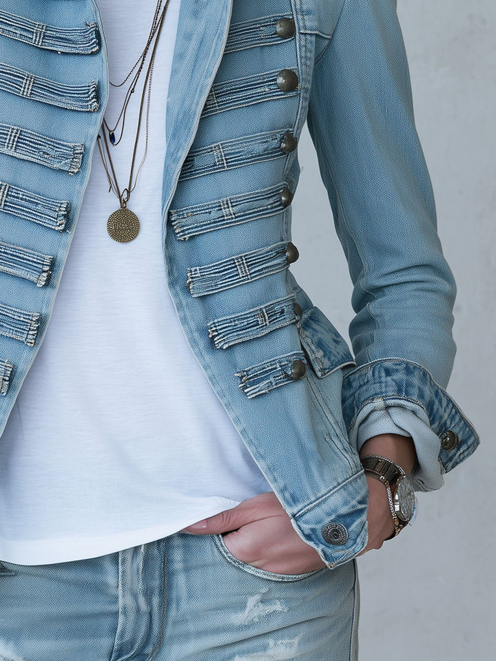 Greta Damen Jeansjacke im Militärstil mit Stehkragen und Zierknöpfen