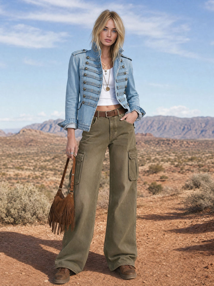 Greta Damen Jeansjacke im Militärstil mit Stehkragen und Zierknöpfen