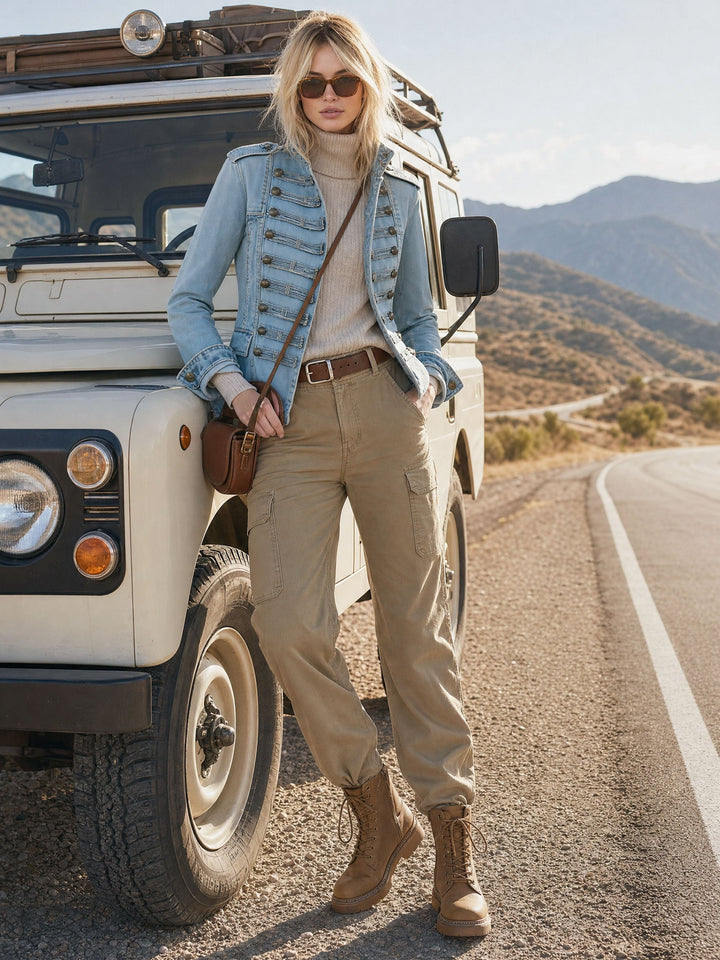 Greta Damen Jeansjacke im Militärstil mit Stehkragen und Zierknöpfen