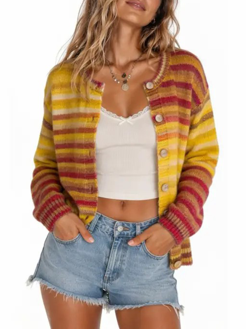 Greta Damen Strickjacke mit Rundhals, Knopfleiste und langen Ärmeln – Gelb