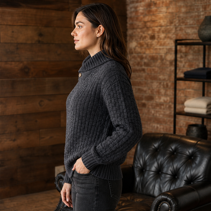 Greta Damen Strickpullover mit Strukturmuster und Stehkragen mit Knopf