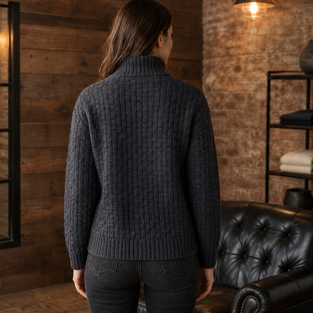 Greta Damen Strickpullover mit Strukturmuster und Stehkragen mit Knopf