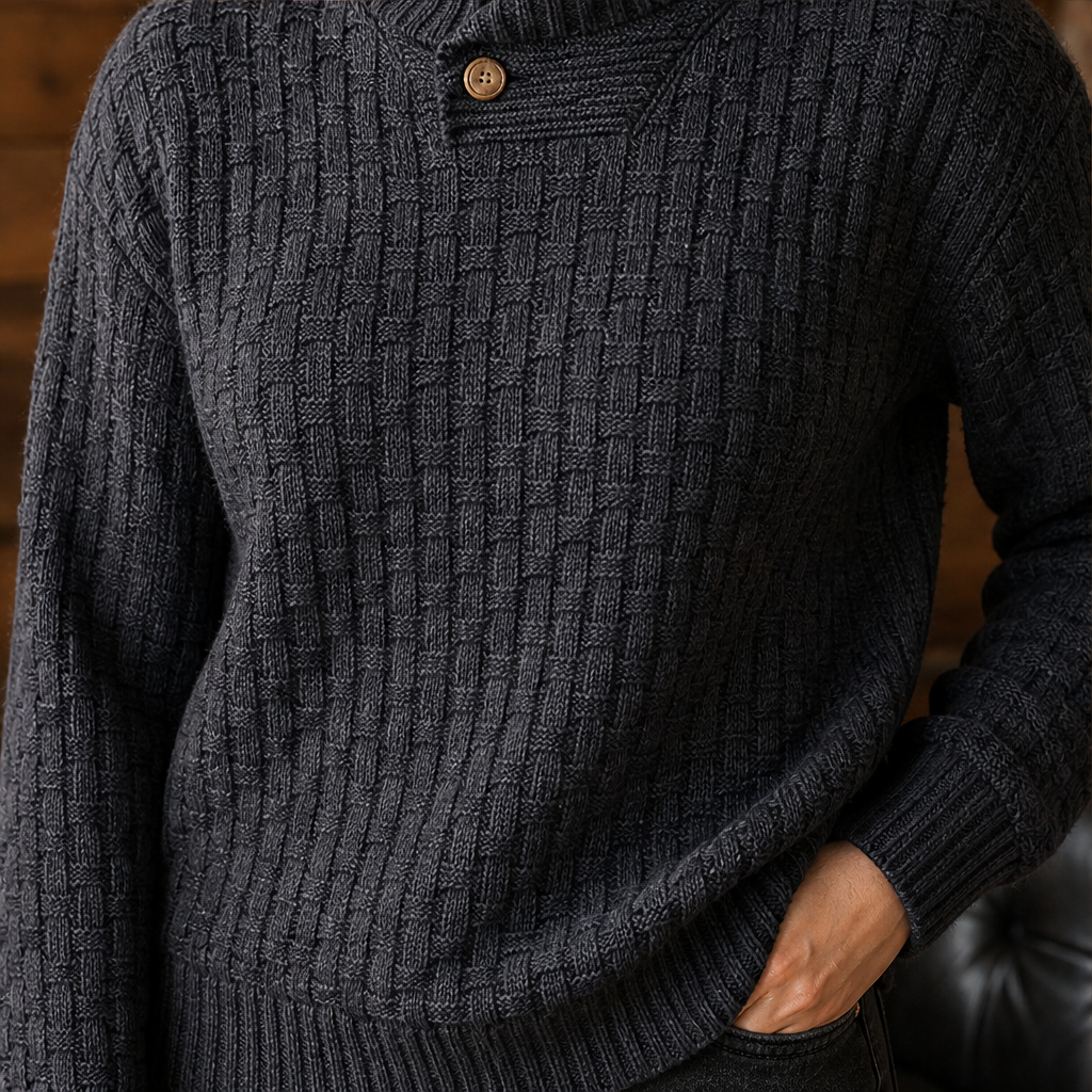 Greta Damen Strickpullover mit Strukturmuster und Stehkragen mit Knopf