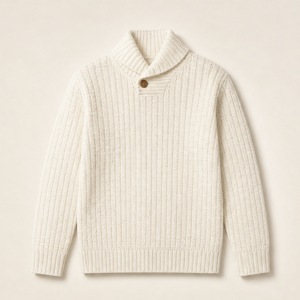 Greta Damen Strickpullover mit Strukturmuster und Stehkragen mit Knopf – Beige