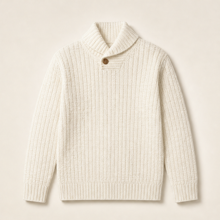 Greta Damen Strickpullover mit Strukturmuster und Stehkragen mit Knopf – Beige