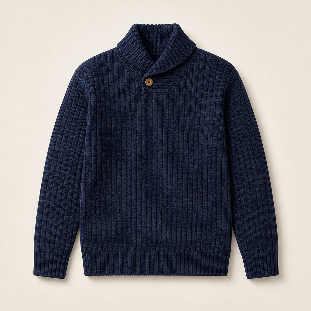 Greta Damen Strickpullover mit Strukturmuster und Stehkragen mit Knopf – Marineblau