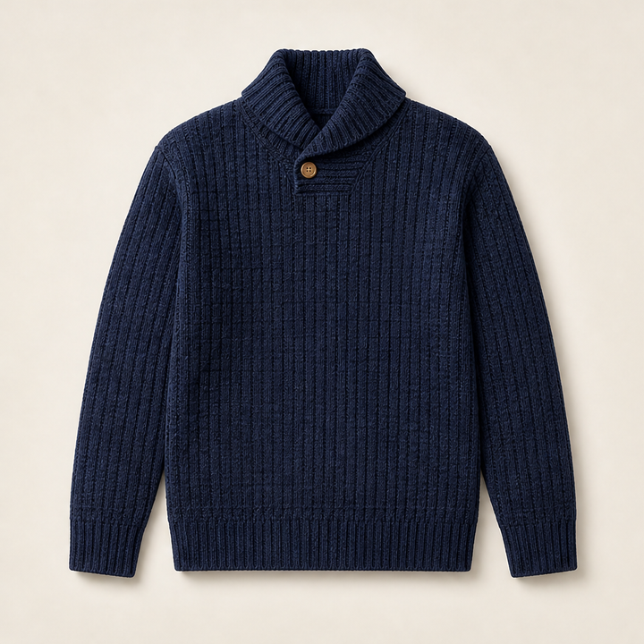 Greta Damen Strickpullover mit Strukturmuster und Stehkragen mit Knopf – Marineblau