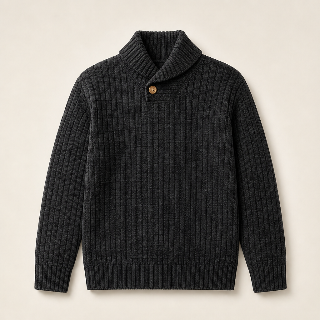 Greta Damen Strickpullover mit Strukturmuster und Stehkragen mit Knopf – Schwarz