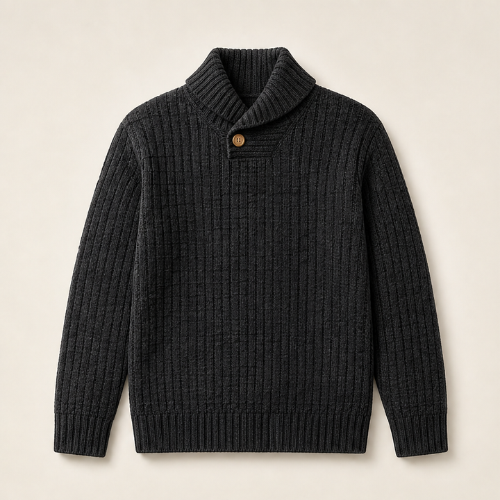 Greta Damen Strickpullover mit Strukturmuster und Stehkragen mit Knopf – Schwarz